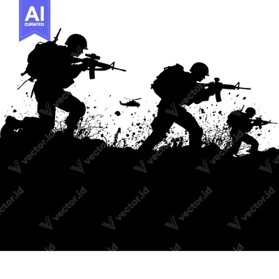 Aset desain premium: Three Silhouettes of Soldiers with Rifles and a Helicopter in the Back
