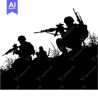 Aset desain premium: Silhouette of Soldiers with Rifles in a Grassy Field