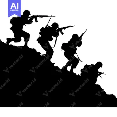 Aset premium populer: Silhouette of Four Soldiers with Rifles in a Hillside Ambush