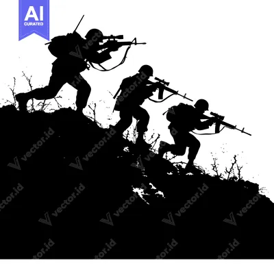 Premium design asset: Silhouettes of three soldiers ascending a hill with rifles