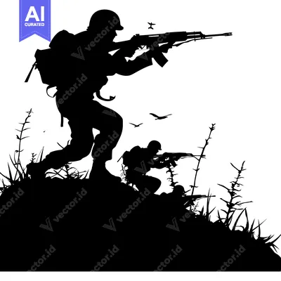Popular premium asset: Two Silhouettes of Soldiers in Combat Position with Weapons and Grass