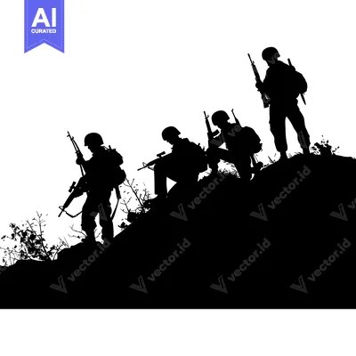 Silhouette of Four Soldiers Climbing a Hill with Rifles