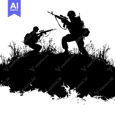 Aset desain premium: Two Silhouetted Soldiers Holding Rifles in Grassy Terrain