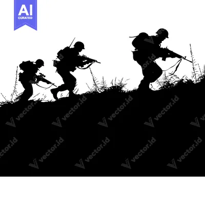Premium design asset: Three Soldiers Silhouetted Against a White Background, Carrying Rifles