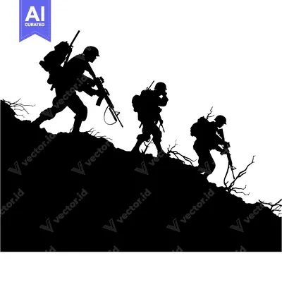 Silhouettes of three soldiers climbing a hill, carrying weapons and ba