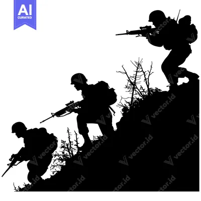 Three Silhouettes of Soldiers Climbing a Hill with Rifles