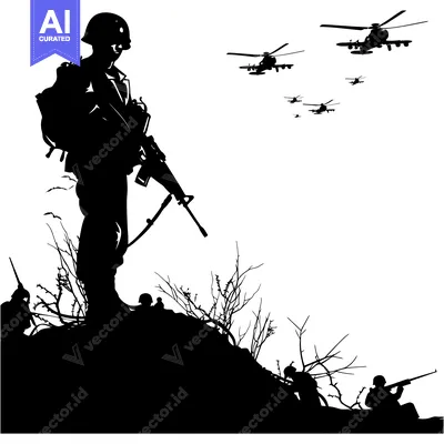 Silhouette of Soldiers and Helicopters in a Combat Zone