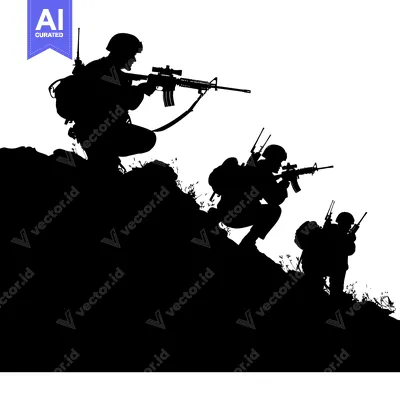Silhouettes of three soldiers with rifles on a hillside