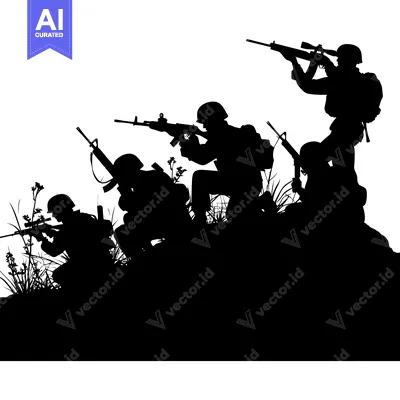Premium design asset: Silhouette of four soldiers in combat stance with rifles