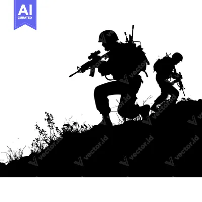 Silhouettes of Two Armed Soldiers on a Hillside