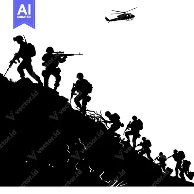 Aset premium populer: Silhouettes of Soldiers Ascending a Hill with a Helicopter Overhead