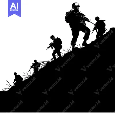 Aset premium populer: Silhouette of soldiers climbing a hill with rifles