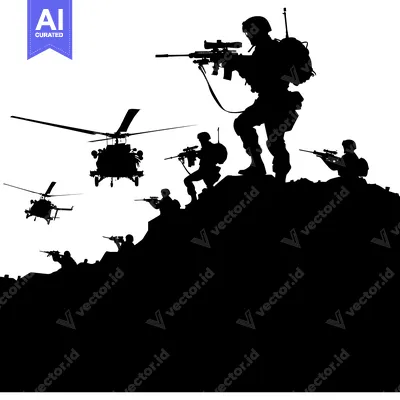 Aset premium populer: Silhouettes of soldiers on a hilltop with helicopters flying overhead