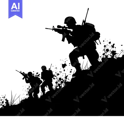 Silhouette of Soldiers Ascending a Hill With Rifles