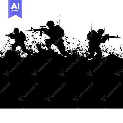 Aset desain premium: Three Silhouettes of Soldiers Holding Rifles in a Battlefield Setting