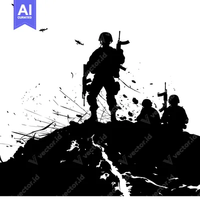 Aset desain premium: Silhouetted Soldiers on a Battlefield with Helicopters Overhead