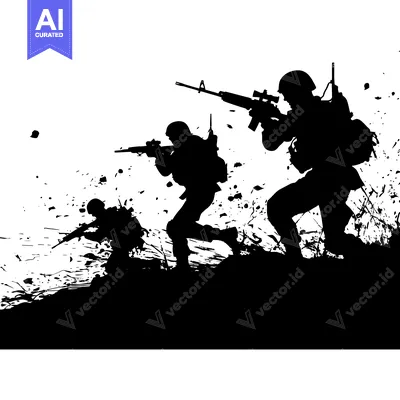 Aset premium populer: Silhouettes of three soldiers with rifles in a combat zone