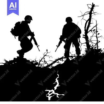 Aset premium populer: Two Silhouetted Soldiers with Rifles in a Forest Setting