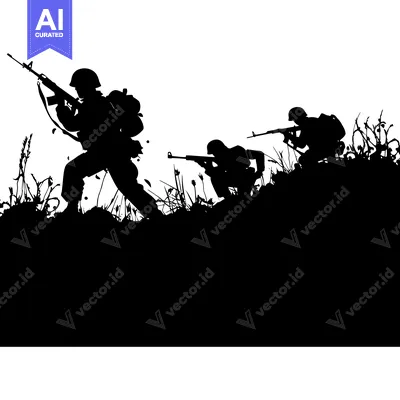 Aset premium populer: Three Silhouettes of Soldiers Armed with Rifles in a Field