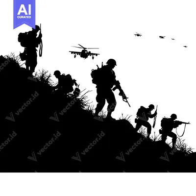 Silhouettes of Soldiers on a Hillside with Helicopters Overhead