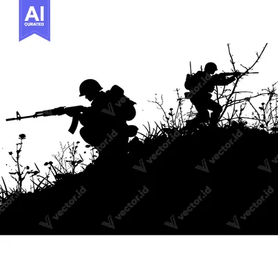 Premium design asset: Two Silhouetted Soldiers Holding Rifles in a Field of Brush