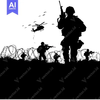 Silhouettes of Soldiers with Helicopters and Barbed Wire