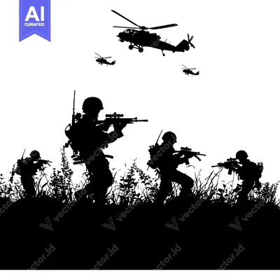 Silhouettes of Soldiers and Helicopters in a Grassy Field