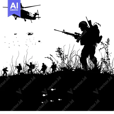 Premium design asset: Silhouettes of Soldiers and Helicopters in a Field