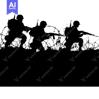 Three Silhouetted Soldiers Advancing Through Barbed Wire