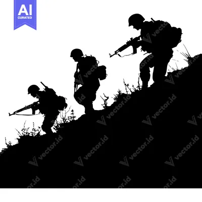 Aset desain premium: Silhouette of three soldiers climbing a hill with rifles