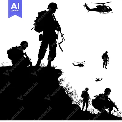 Aset premium populer: Silhouettes of Soldiers and Helicopters in a War Zone