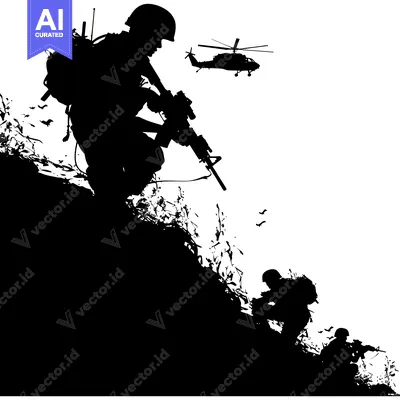 Silhouettes of soldiers in combat with a helicopter overhead