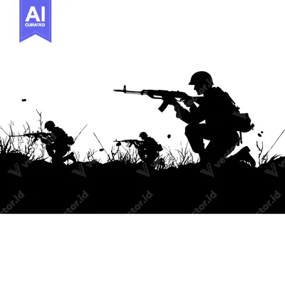 Aset desain premium: Silhouette of Three Soldiers in a Combat Position with Rifles