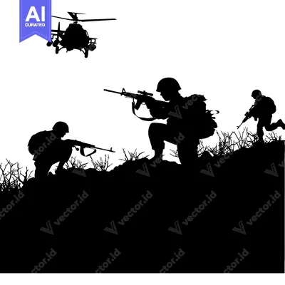 Three Soldiers in Combat with a Helicopter Overhead