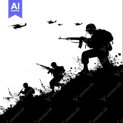 Aset premium populer: Silhouette of Soldiers with Helicopters in the Background