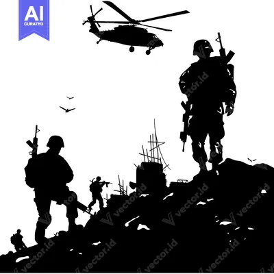Popular premium asset: Soldiers and helicopter silhouette in a warzone with destroyed buildin