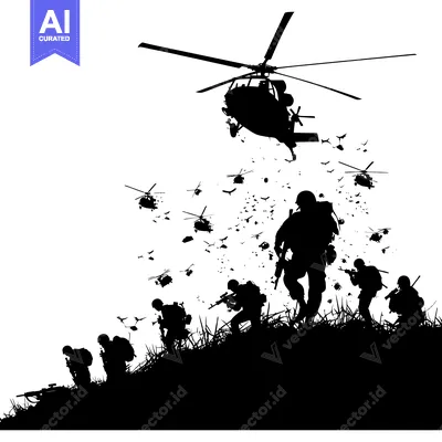 Premium design asset: Soldiers and helicopters in a war zone, silhouette design