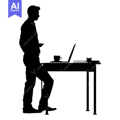 Premium design asset: Silhouette of a Man Standing at a Desk with a Laptop and a Cup