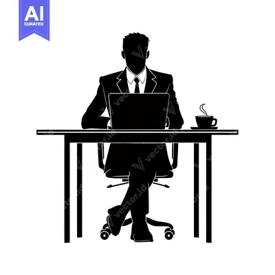 Aset desain premium: Silhouette of a Businessman Sitting at a Desk with a Laptop and Coffee