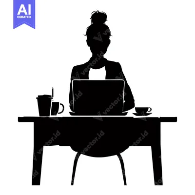 Aset desain premium: Silhouette of a Woman Working at a Desk with a Laptop