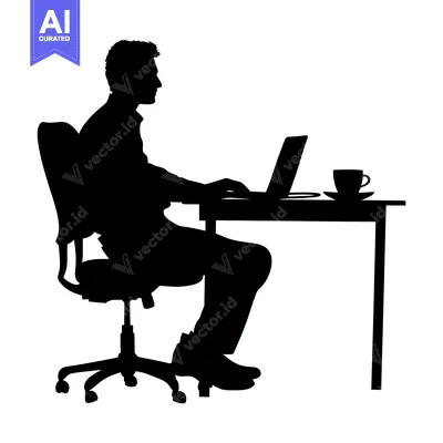 Premium design asset: Silhouette of a man sitting at a desk with a laptop and a cup of coffe