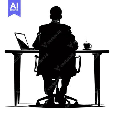 Aset premium populer: Silhouette of a Man Sitting at a Desk with a Laptop and a Cup of Coffe