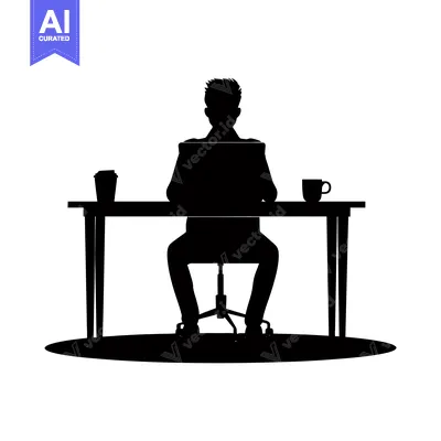 Popular premium asset: Silhouette of a Person Sitting at a Desk with a Laptop and Coffee Cups