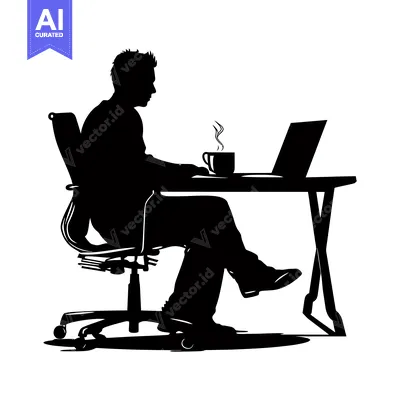 Aset premium populer: Silhouette of a person sitting at a desk with a laptop and a cup of co