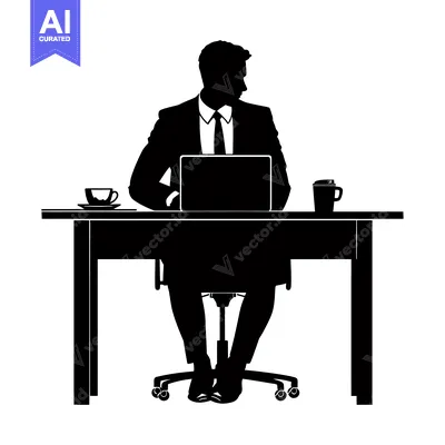 Aset premium populer: Silhouette of a Man Sitting at a Desk with a Laptop, Coffee Cup, and T