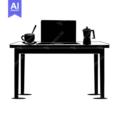 Aset desain premium: A Black Silhouette of a Desk with a Laptop, Cup, and Coffee Pot