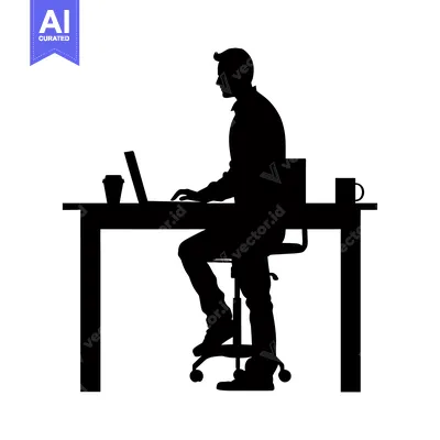 Popular premium asset: Silhouette of a Man Working at a Desk with a Laptop and Coffee Cups