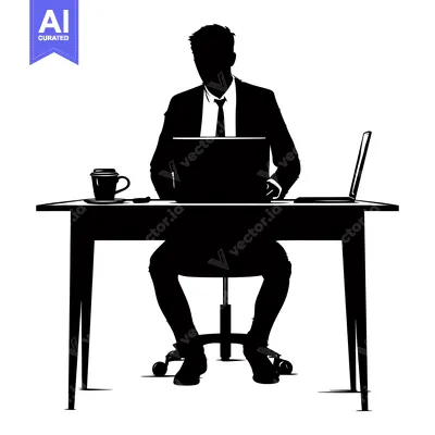 Aset desain premium: Silhouette of a Man Working at a Desk with a Laptop and Coffee