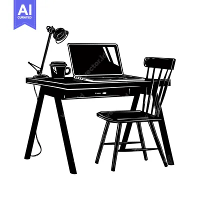 Aset premium populer: Black and White Silhouette of a Desk with a Laptop, Lamp, Coffee Cup,