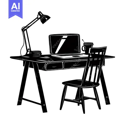 Black and White Illustration of a Desk with a Chair, Laptop, and Lamp